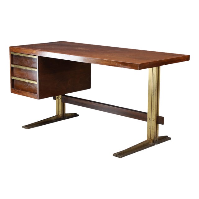 Italian Walnut Desk with Brass Base, Italy, 1950s For Sale