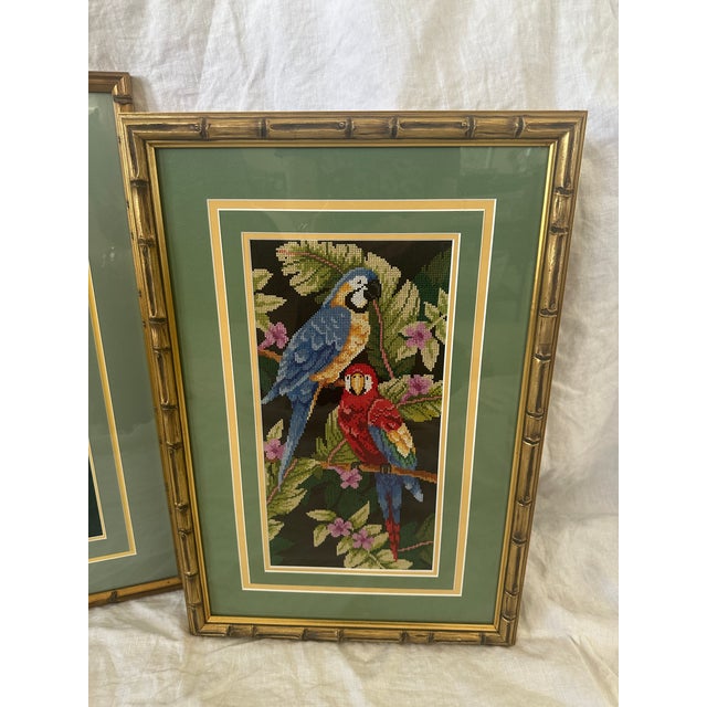 Textile Vintage Pair of Macaw Needlepoint Framed Pictures For Sale - Image 7 of 9