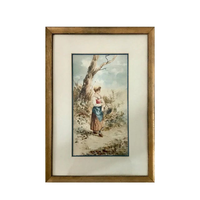 Figurative 19th Century Antique Watercolor Landscape With Figure Painting For Sale - Image 3 of 3