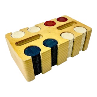 1950s Vintage Boho Chic Americana Poker Chips and Wood Caddy For Sale