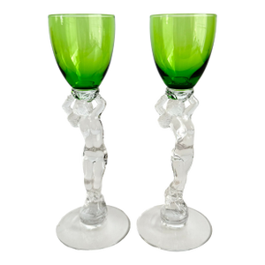 Cambridge Statuesque Nude Stem Cordial Glasses Brandy Port Wine Emerald Green Bowl