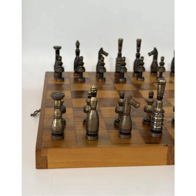 Hans Teppich brass chess set, circa 1970. Wood marquetry board. Green felt covering. Good condition I have official proof...