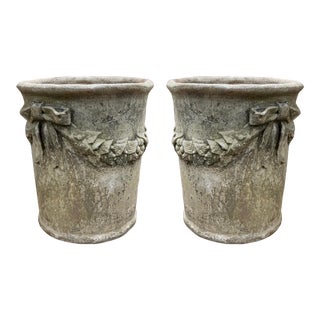 Mid-Century Neo-Classical English Garden Cast Concrete Planters / Pots - Pair For Sale