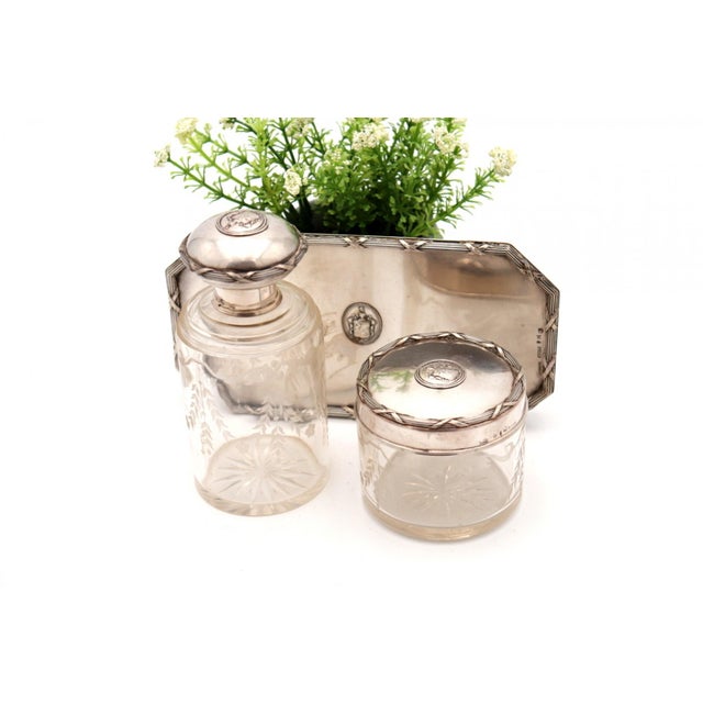 Toiletry Set with Silver Tray and Acid-Etched Glass Bottles with Silver Lids and Embossed Trim, Set of 3 For Sale - Image 5 of 6