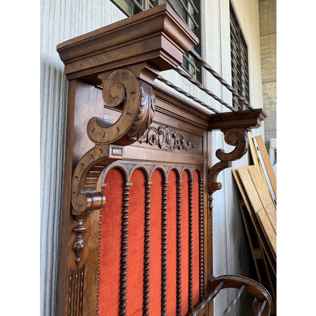 Late 19th Century 19th Large Carved Spanish Solid Walnut Hall Stand With Red Velvet Back For Sale - Image 5 of 10