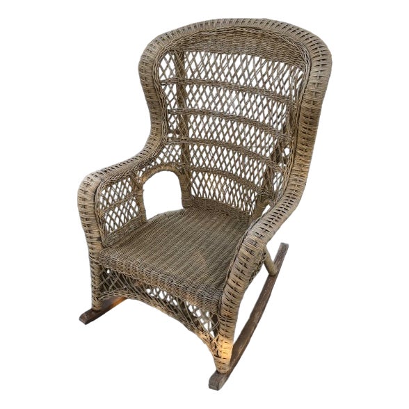 Vintage Large 42” Wood Wicker Rocking Chair For Sale