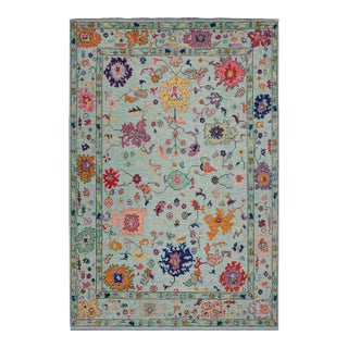 Shabby Chic Oushak Kaiser Blue Wool Rug - 9'3'' X 12'1'' For Sale