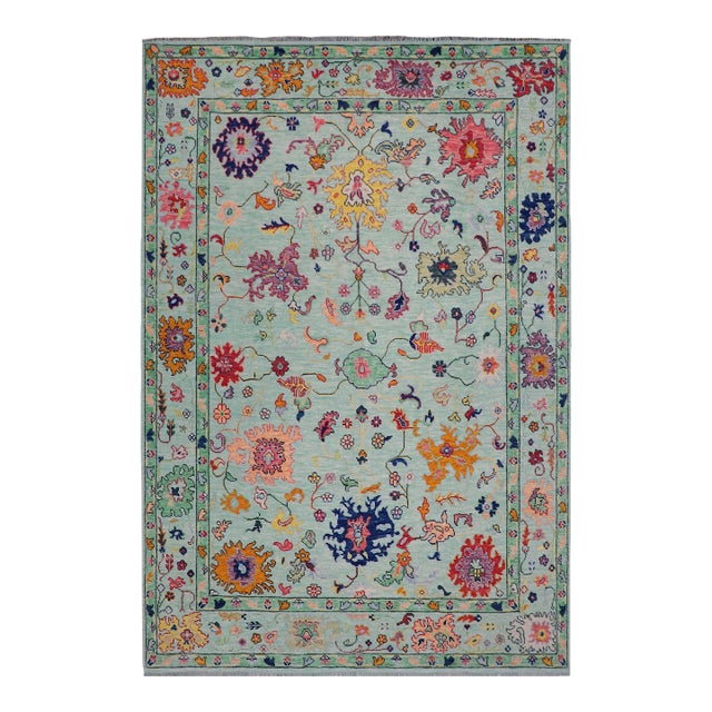 Shabby Chic Oushak Kaiser Blue Wool Rug - 9'3'' X 12'1'' For Sale