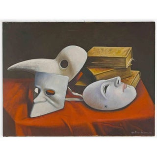 Antonio Sciacca, Still Life with Mask and Books, Oil on Canvas, 1996 For Sale