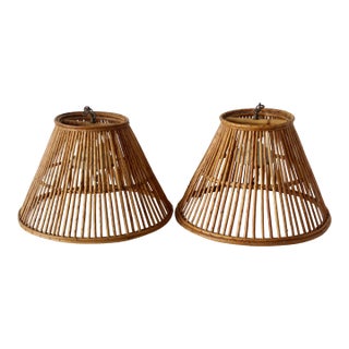 Vintage Handwoven Bamboo Rattan Pendant Swag Style Lamps-a Pair For Sale