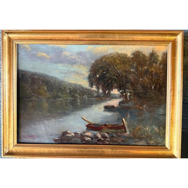 Burnt Umber Early 20th Century Tonalist River Landscape Oil Painting by T. J. Nicmoll For Sale - Image 8 of 8