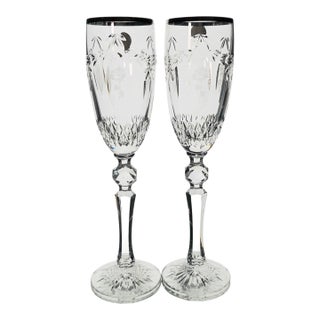Late 20th Century Waterford Cherished Moments Platinum Rim Crystal Champagne Flutes, Pair For Sale