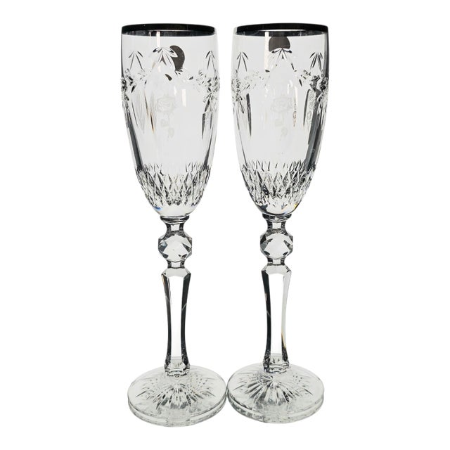Late 20th Century Waterford Cherished Moments Platinum Rim Crystal Champagne Flutes, Pair For Sale