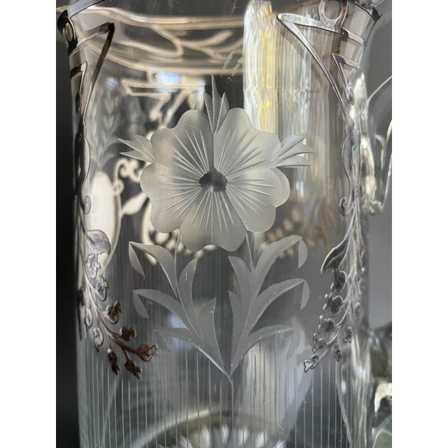 Art Deco Art Deco Sterling Silver Inlay Etched Glass Pitcher For Sale - Image 3 of 12