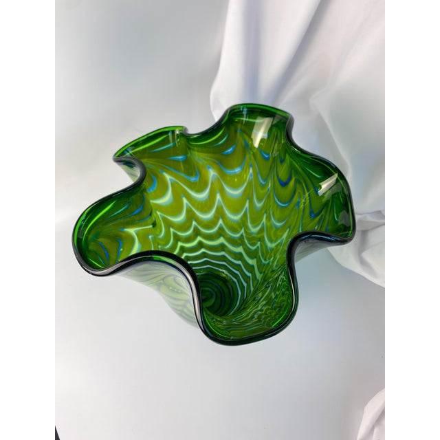 Green Murano Style Pulled Feather Spiral Art Glass Vase For Sale - Image 8 of 13