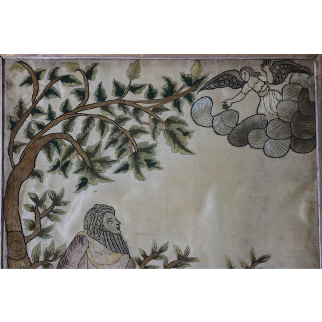 Antique Silkwork Embroidery 'Abraham offering up his Son Isaac'. The embroidery is worked in silk on a silk ground, in a...