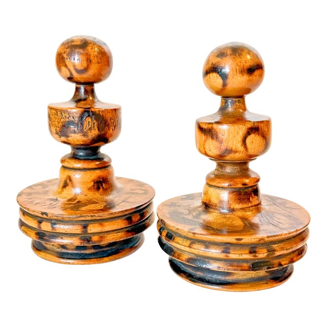Vintage Scorched Faux Bamboo Wooden Finials, a Pair For Sale