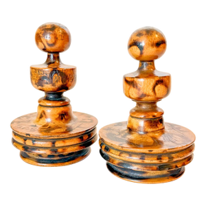 Vintage Scorched Faux Bamboo Wooden Finials, a Pair