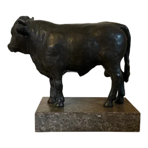 Antique Early 20th Century French Animalier Bronzed Spelter Sculpture of a Cow or Bull on Marble Base