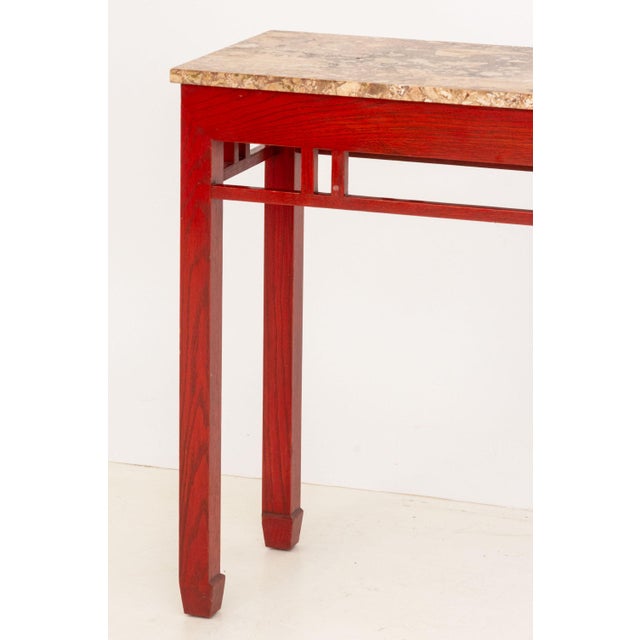 Modern James Mont Style Marble Top Red Stained Oak Console Table For Sale - Image 3 of 7