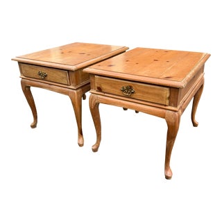 1990s Vintage Knotty Pine End Accent Tables With Drawer a Pair For Sale