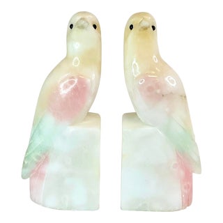 1950s Vintage Italian Mediterranean Hand-Carved Alabaster Parrot Bookends - A Pair. For Sale