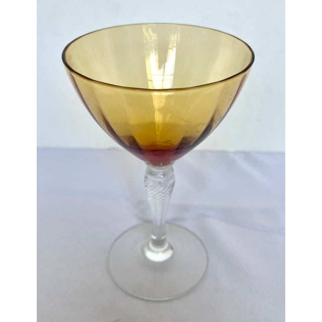 1930s Mid-Century Cambridge Glass Amber & Clear Stem Champagne Coupes - Set of 7 For Sale - Image 16 of 18