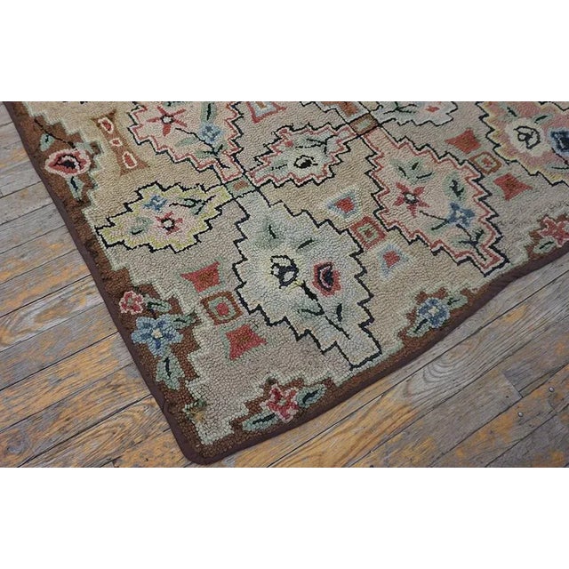 Wonderful Beige Background With Geometric Shapes and Floral Design Antique American Hooked Rug For Sale - Image 4 of 11