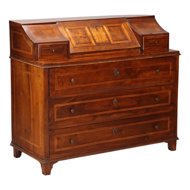 Antique 5-Drawer Flap Cabinet in Maple and Bronze, Italy, 19th Century For Sale