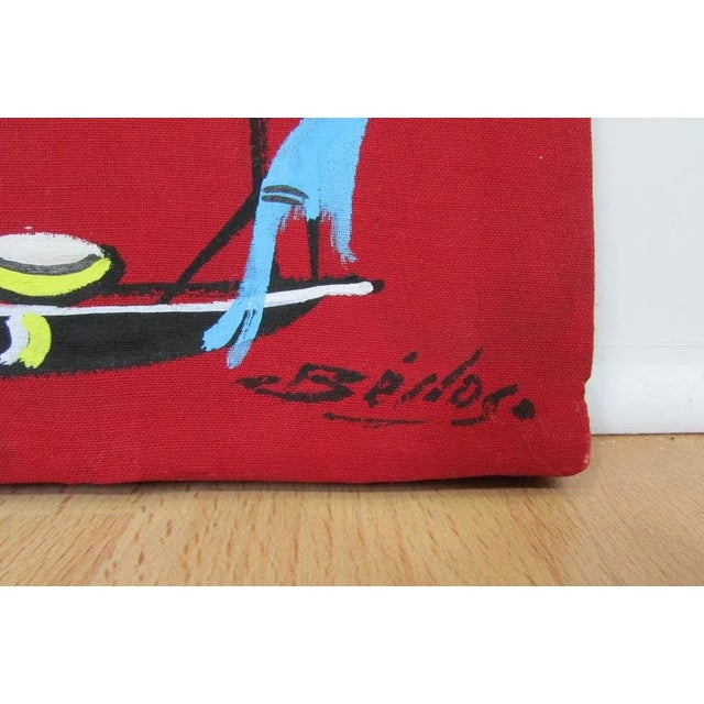 Lot of painted fabric pictures Of scenes from everyday African life in bright, cheerful colors, 2 horizontal and 2...