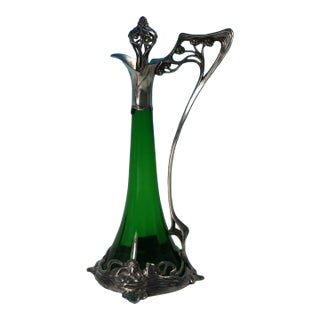 1910s Art Nouveau WMF Claret Jug and Stopper With Green Glass Liner For Sale