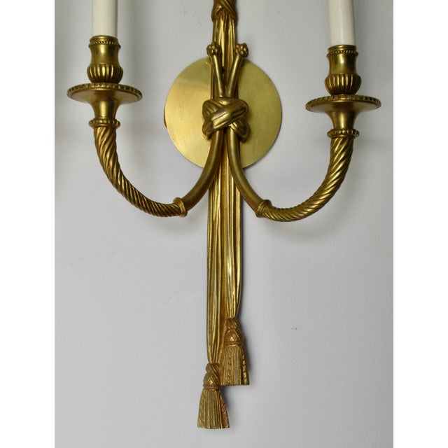 Vintage French 19th. Century Louis XVI Style Bronze Twin-Arm, Rope & Tassel Ormolu Wall Lighted Sconces -Pair For Sale - Image 15 of 17