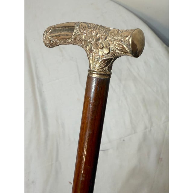 Antique 19th Century Victorian Chased Yellow Gold Filled Wood Walking Stick Cane For Sale - Image 4 of 13