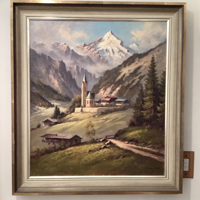 Early 20th Century Mid Century Modern Oil Painting Alpine Church Landscape by Othmar Wagner Austria For Sale - Image 11 of 12