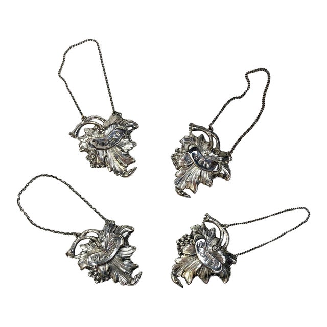 Silverplate Grapevine Motif Liquor Tags Set of 4 - Gin, Vodka, Scotch, Bourbon For Sale