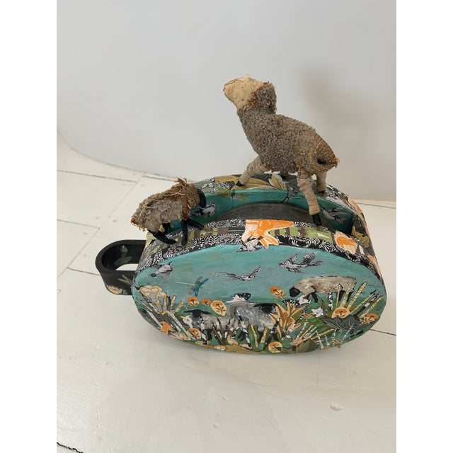 Mixed Media Collage Painting on Vintage Large Industrial Pulley Sculpture For Sale - Image 4 of 9