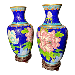 2 Beautiful Vintage Blue Chinese Cloisonné Vases With Floral Motifs on Wooden Stands