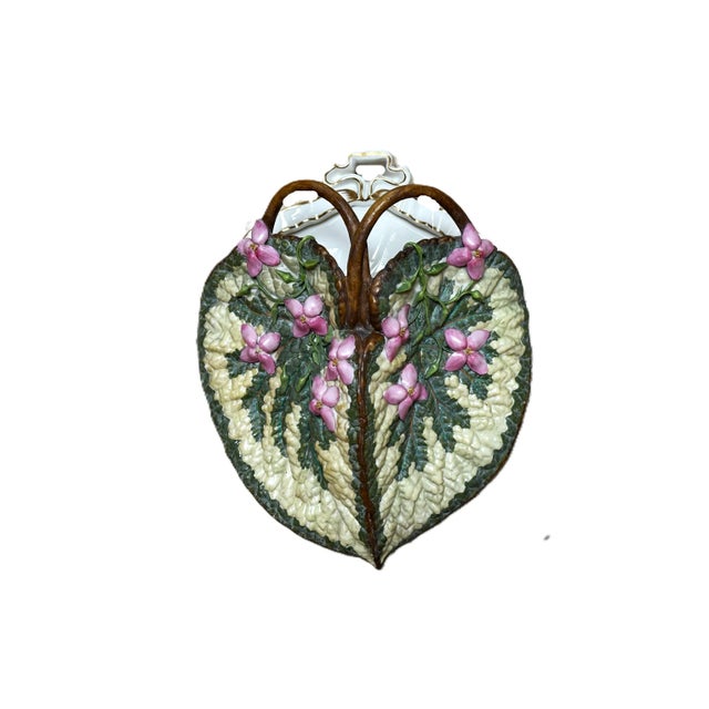 19th Century 19th Century Majolica Leaf Wall Pocket – Pink Blossoms & Branch Handles – Relief Molded Continental Pottery, George Jones Style For Sale - Image 5 of 16