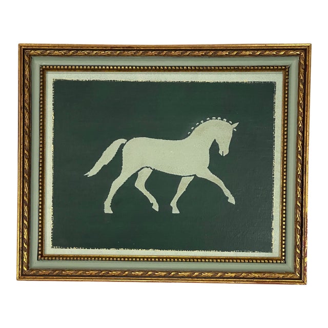 Contemporary Primitive Equestrian Horse Painting in Custom Wood Frame For Sale