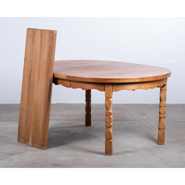 Brown Brutalist Round Oak Dining Table with Three Extension Leaves, Denmark, 1960s For Sale - Image 8 of 11
