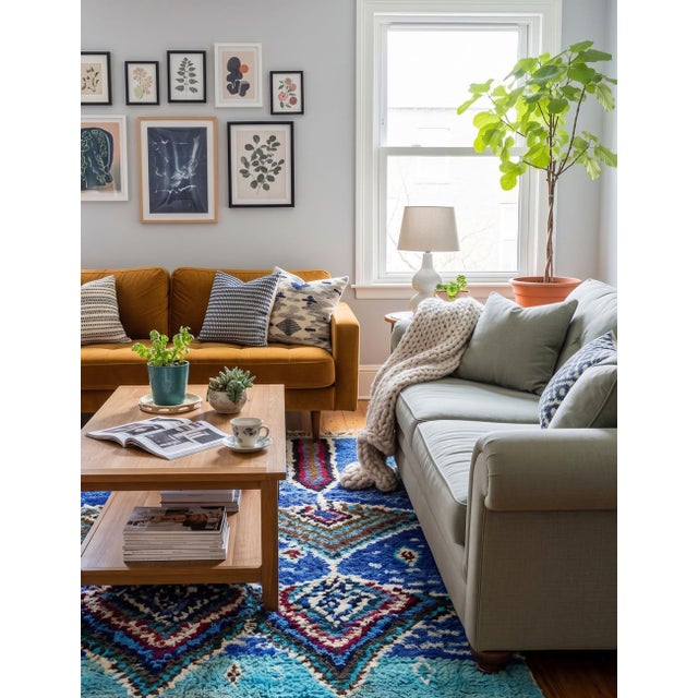 Contemporary Moroccan Rug | Handwoven Berber Wool Rug with Ocean Blue Field and Layered Pyramid Medallions This richly...