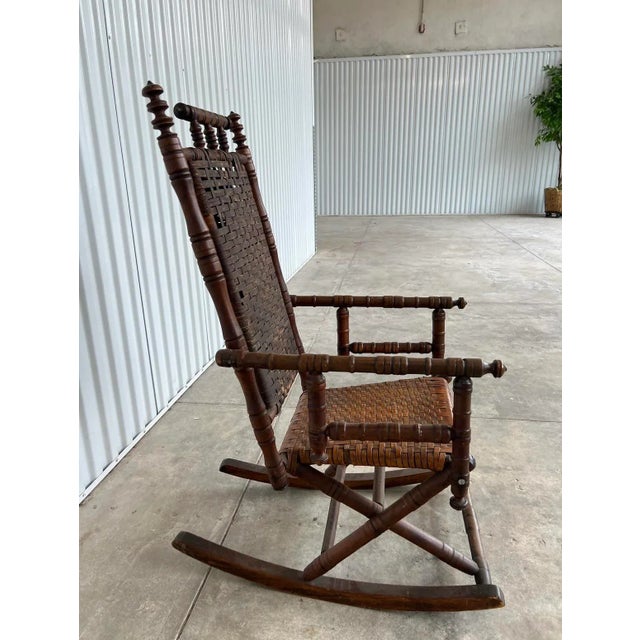 Rustic European Early 20th Century Antique Rustic Rocking Chair, Wooden With Woven Seat For Sale - Image 3 of 10