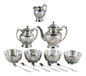 Chinese Export Sterling Silver Tea Set with Dragon Design Tianjing Wuhua - 13 Pieces
