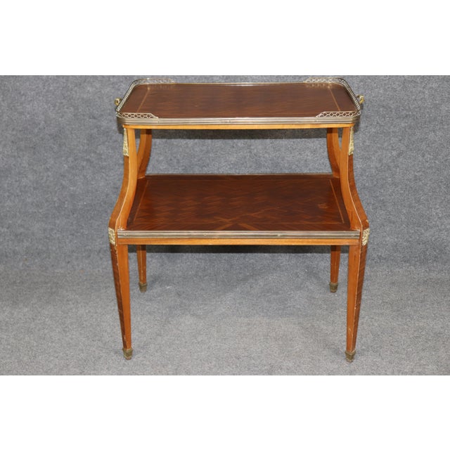 French French Marquetry Louis XVI Style Bronze Mounted Two Tier Dessert Table For Sale - Image 3 of 9
