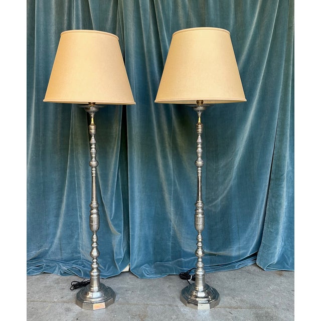 1940s French Nickel-Plated Floor Lamps With Hexagonal Shaped Bases - a Pair For Sale - Image 13 of 18