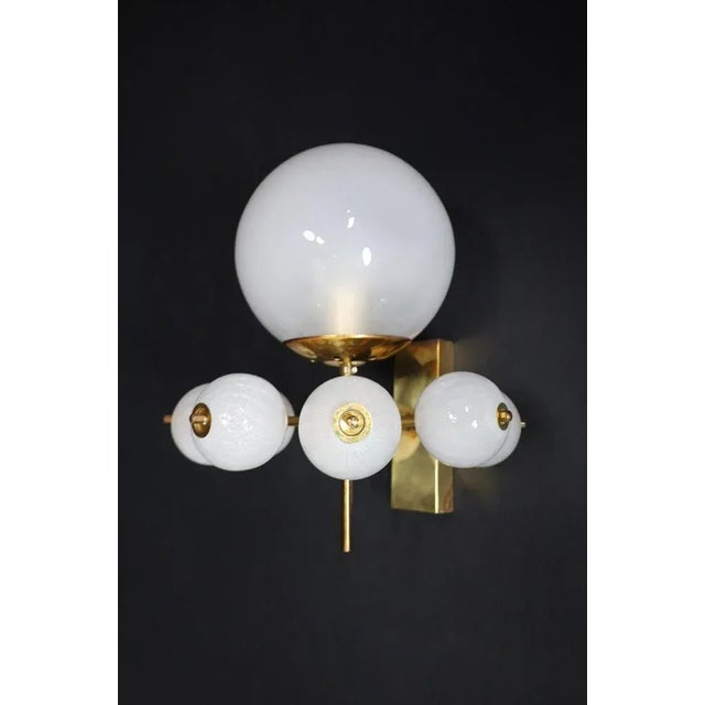 Metal Mid-Century Brass Wall Light with Hand-Blown White Glass Globes, 1970s For Sale - Image 7 of 13