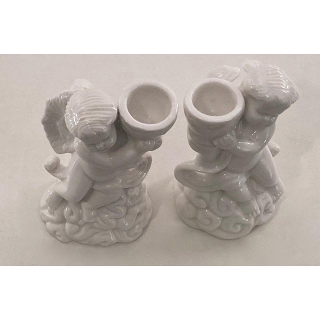 Art Nouveau 1960s Italian Putti Porcelain Candlesticks a Pair For Sale - Image 3 of 7