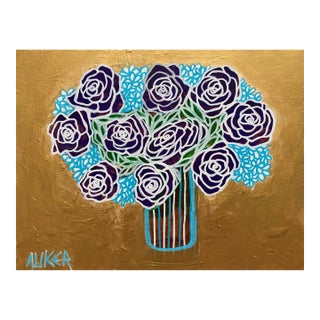 Original Painting on Canvas by CL Auker “Roses on Gold With Blue” For Sale