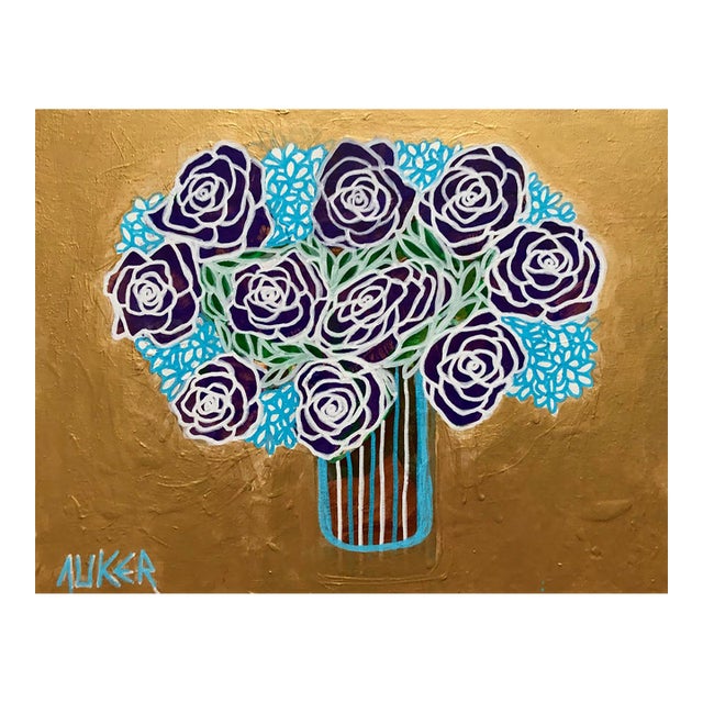 Original Painting on Canvas by CL Auker “Roses on Gold With Blue” For Sale