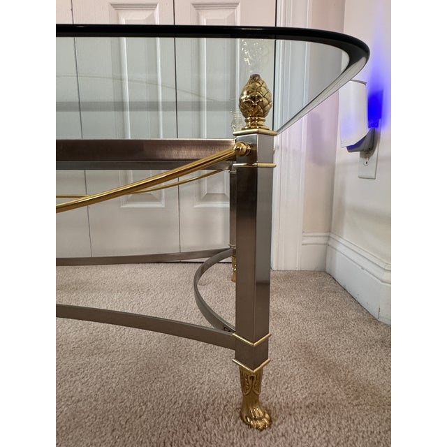 2010s Hollywood Regency Italianate Brass, Iron & Chrome Glass Top Coffee Table For Sale - Image 9 of 17